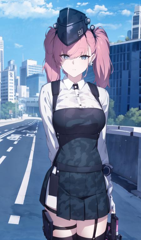 tree, cloud, road, city, day, blue sky, <lora:BArtstyleV1C-16DIM-LOHA-1024-HiLR-1-000006:1:ALL>, 
atlanta \(kancolle\), pink hair, twin tails, grey eyes, large breasts, suspenders, suspender skirt, gloves, breasts, garrison cap, partially fingerless gloves, white gloves, long sleeves, high-waist skirt, large breasts, black skirt, white shirt, earrings, jewelry, star earrings, rudder footwear, thigh strap, black headwear, bare legs, anchor hair ornament, garter straps, rigging, hair ornament,knee boots, black footwear, dress shirt, headgear, camouflage,, masterpiece, best quality, highres, <lora:[Chr]KCAtlanta-000007:0.9:DeStyleChr>,  cowboy shot,