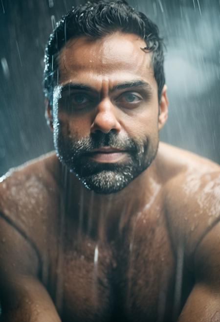 random upper body photography, dark gym team shower, ((sacha dhawan a man <lora:Abhay-Deol_Sacha-Dhawan:1> taking hot shower alone)), not looking into camera,(((soaping his body))), (natural skin, natural texture), expression, ((((lots of mist)))), soft cinematic light, adobe lightroom, photolab, intricate, highly detailed, sharp focus, ((((cinematic look)))), insane details, intricate details, hyperdetailed, low contrast, soft cinematic light, exposure blend, dim colors, dim light, teasing nudity, eyes closed