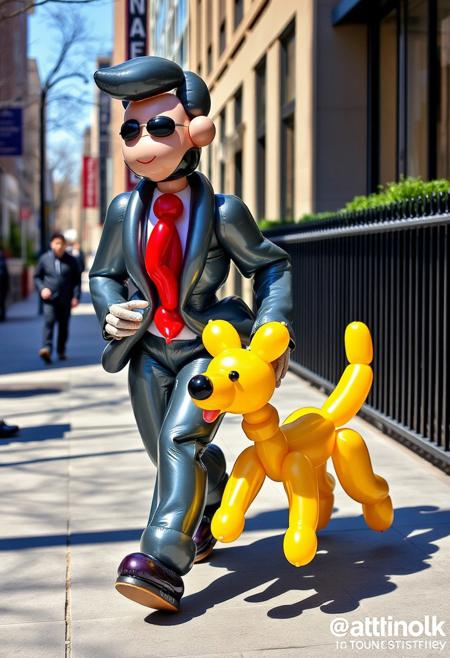 "A balloon business person, crafted from a dazzling array of colorful, twisted balloons, strolled down the sidewalk, accompanied by their loyal, balloon canine companion. The balloon person's suit, a masterful creation of inflated, curved balloons, shimmered in shades of navy, gray, and white, complete with a balloon tie and balloon shoes that seemed to bounce with each step. The balloon dog, a charming, balloon-fabric creation, with a balloon tail and ears, trotted happily by their side, its balloon body a delightful, shimmering yellow. As they walked, their balloon limbs flexed and twisted, like a living, breathing, three-dimensional sculpture, casting long, curved shadows on the sidewalk. The balloon person's eyes, two shiny, black dots, sparkled with joy, as they gazed lovingly at their balloon dog, their balloon hands cradling its balloon head with tender, inflated care. The balloon dog's tongue, a tiny, pink balloon, lolled out of its mouth, as if laughing with delight, as the unlikely duo strolled through the city, spreading joy and whimsy wherever they went."