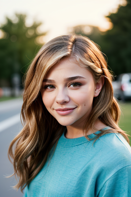 ChloeMoretz, moody instagram photo, lower body photo of woman, from below, dressed in long oversized sweater, dirty hair, color gradient, sun-kissed skin, happy, cute smile, beautiful eyes, hard shadows, dark, nighttime, overexposed filter, silhouetted against the bright light