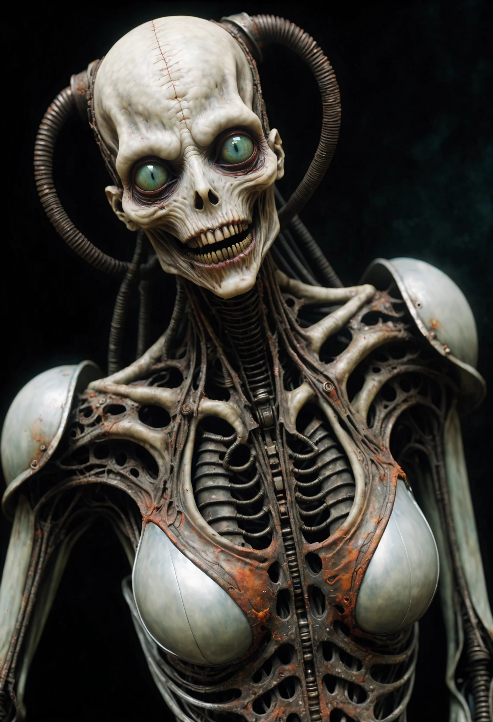 A robot with a skeleton face and green eyes, possibly from a sci-fi movie.