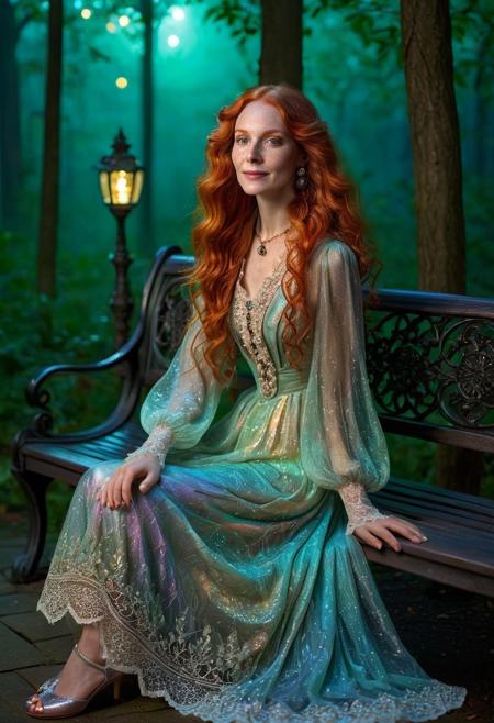 A captivating, cinematic night time photo of an elegant beautiful older woman, (age 50:1.2), sitting on a park bench, happily smiling, hands on lap, with long curly dark orange hair, (freckles:1.3), looking at camera, full body view. She is dressed in an exquisite, sparkling ((gl1tt3r, glitter, iridescent)) translucent multi-colored Victorian dresses adorned with intricate lace and silver thread patterns. Her long orange hair flows elegantly, and her eyes are a striking shade of green. Matching slippers enhances her look. The background is a mystical, moonlit forest, dark shadows and glowing lanterns, mist, fireflies, creating an atmosphere of supernatural enchantment., DarkFantasy, photo, cinematic,