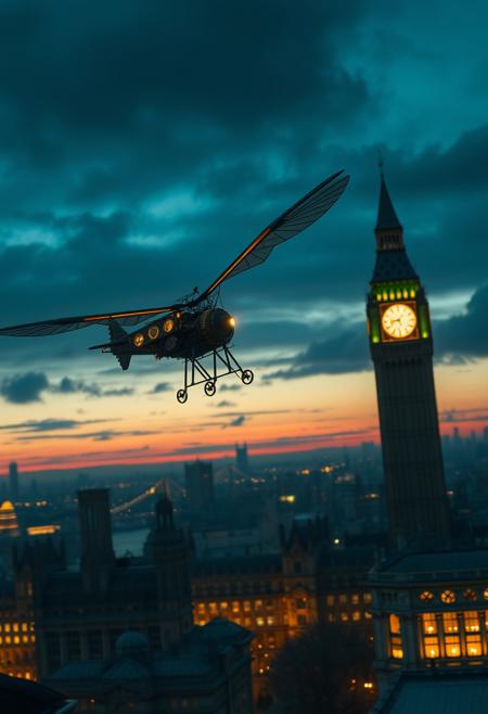 cinematic shot of steampunk ornithopter flying above victorian london at dusk, high resolution