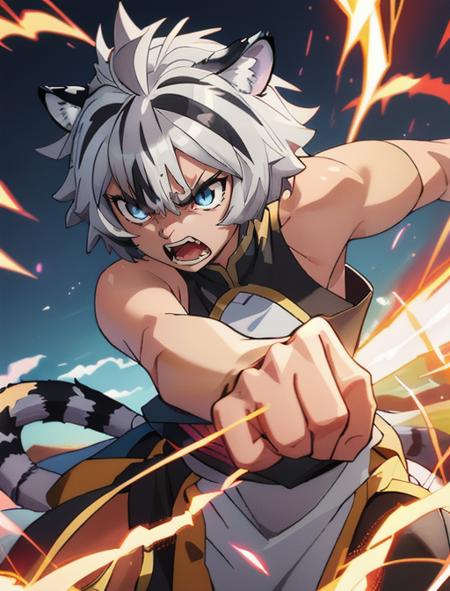 best quality, masterpiece, highres, detailed, digital illustration, <lora:Detail - add_detail:0.2>, FohlFayon, tiger boy, tiger tail, two-toned hair, white hair, black hair, tiger ears, short hair, blue eyes, <lora:Character - FohlFayon:0.8>, angry, energy, one tail,