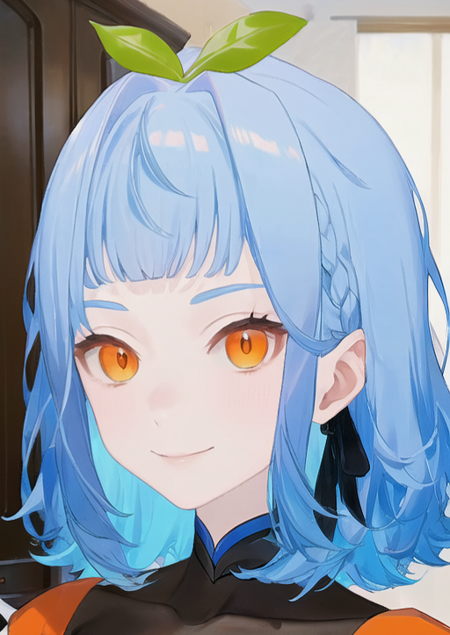 (Masterpiece) High Quality 1girl Blue hair Orange eyes Pale skin 2 green leaves on head Straight-cut fringe