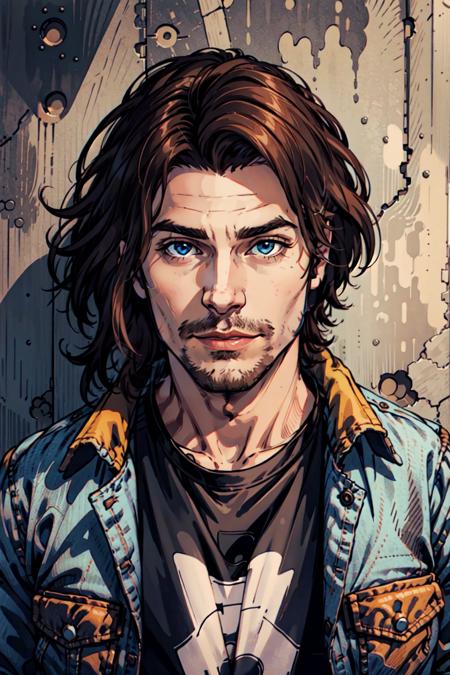 Michael Renne X'voor,  solo,  brown hair,  shirt,  1boy,  jacket,  upper body,  male focus,  facial hair,  denim,  stubble, <lora:EMS-45455-EMS:0.400000>