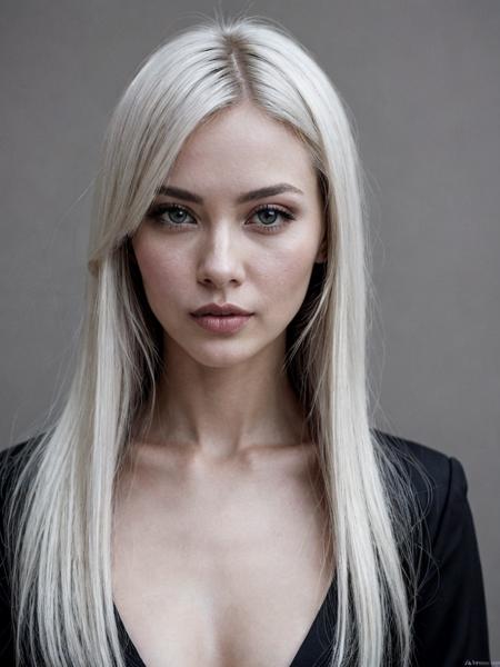 45 deg angle view, one woman (rich model) head turned right looking at viewer, sultry expression, long white hair, piercing eyes, seductive, charming woman, charmful looking, captivating, minimalist, slender frame, detailed, designer buiness clothes,  painterly , style of malcolm liepke, style by aliciaw90, erotic