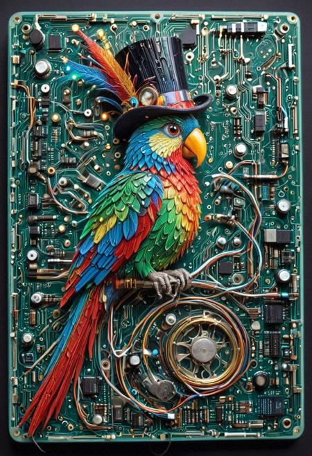 embedding:lazmpos, Transistors, pcb_style, LED, colorful LED lights, RGB lights, red green and blue parrot, art deco, top hat, cane, monocle,RetroBG