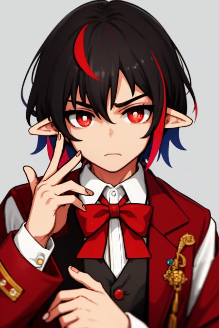 1boy, short hair, black hair, male focus, black vest, bow, bowtie, brooch, closed mouth, coat, collared shirt, fingernails, frown, jewelry, long sleeves, looking at viewer, male focus, multicolored hair, pointy ears, red bow, red bowtie, red coat, red eyes, red hair, shirt, solo, streaked hair, upper body, vampire, vest, white shirt <lora:BlueHat:.7>