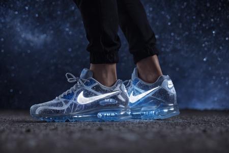 c0nst3llation, a macro close up shot of ((a transparent crystal neon nike air max shoe made out of constellation style and signs with stars)), exploding bokeh constellation swirl orage and blue stars backdrop