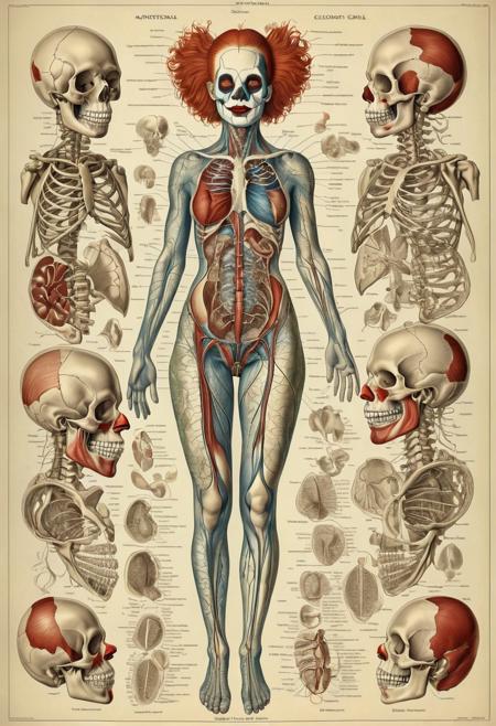Illustration detailing the anatomy of an unconventional clown girl, as depicted by Henry Gray. The diagram showcases unusual and peculiar organs, providing a fascinating glimpse into a dissection of her unique body.
