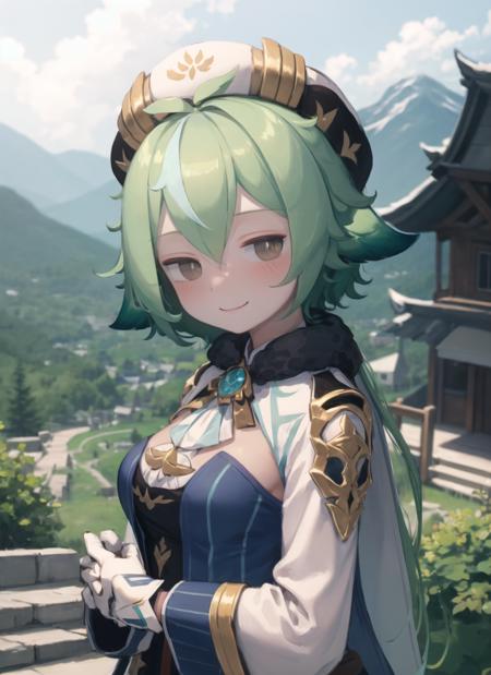 <lora:chii1ep3_0.95dim32:1>, <lora:sucrose1-000009:1>, sucrosedef, upper body, smile, blush, outdoors, day, simple background, blue sky, sky, temple, looking at viewer, stairs, mountain, moody lighting, facing viewer,