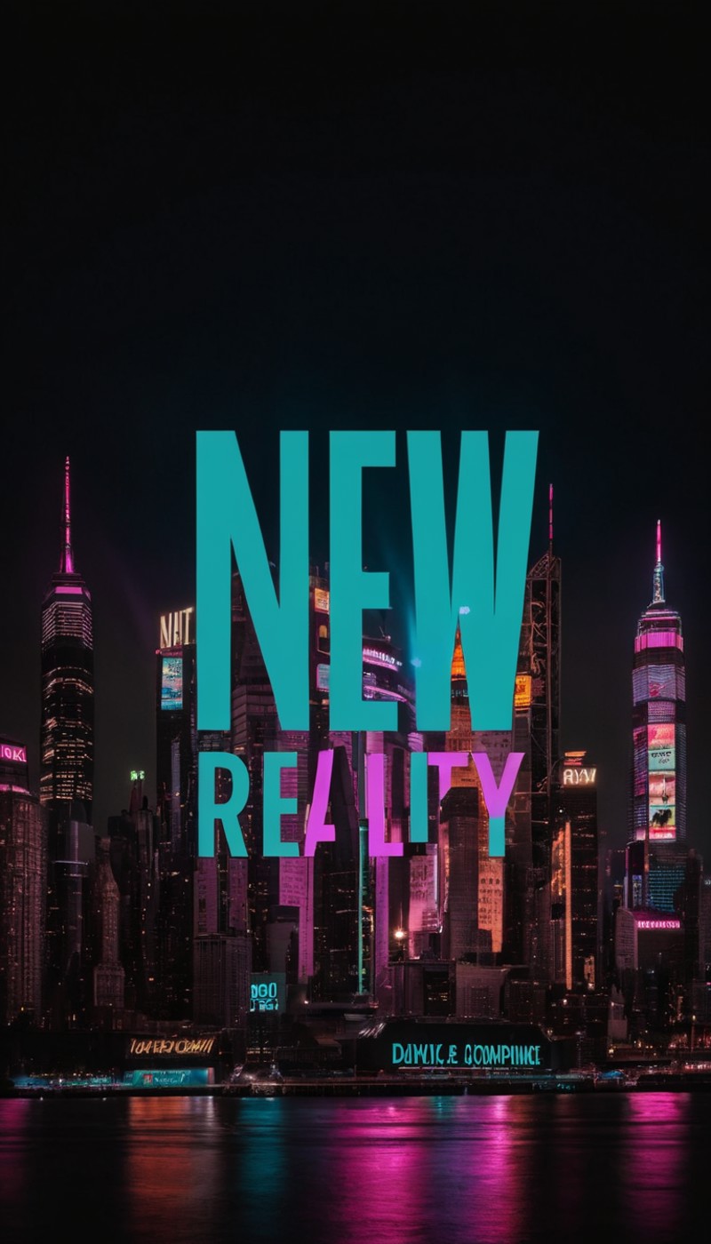 A photo of a (futuristic playbill:1.3), "NEW REALITY" in (striking bold letters:1.2), (central dominance:1.3), cyberpunk m...