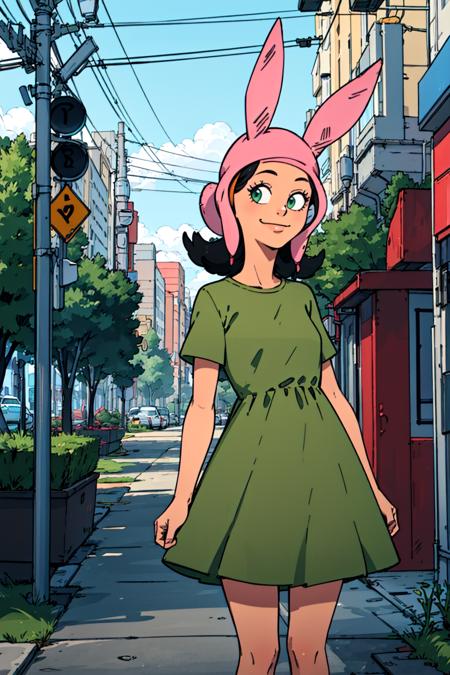 louise, 1girl, solo, rabbit ears, animal ears, black hair, smile,green dress, hat,looking at viewer, arms behind back <lora:louise-000008:0.6>