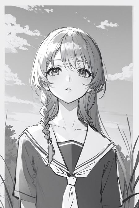 1girl, greyscale, monochrome, solo, school uniform, long hair, serafuku, simple background, white background, upper body, parted lips, neckerchief, sailor collar, braid, sketch, collarbone, hair over shoulder ,cloud, sky, outdoors, day, scenery, blue sky, grass, tree, black border, border, cloudy sky, road, nature 
<lora:Lack-000215:1>, <lora:ç»ä¸½çåå½±:0.2>,<lora:add_detail:0.35>, <lora:adaptedmodel:0.35>