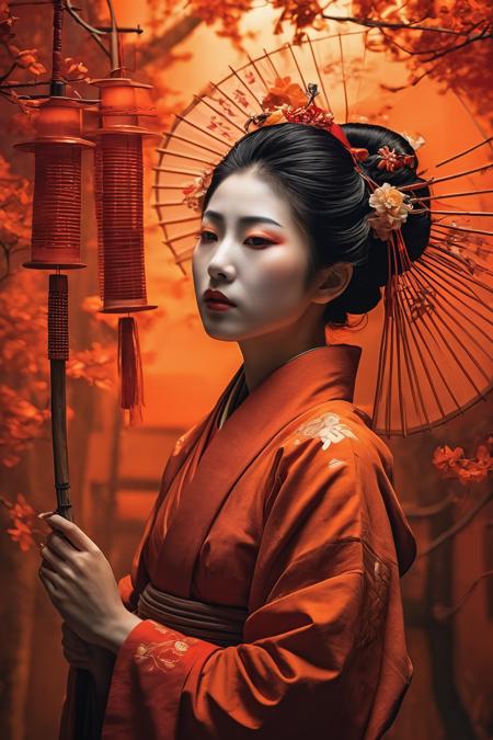 Geisha in a chaotic,  naturally-lit environment devoid of spiritual symbols and scientific elements,  obscured in shades of firing orange and red