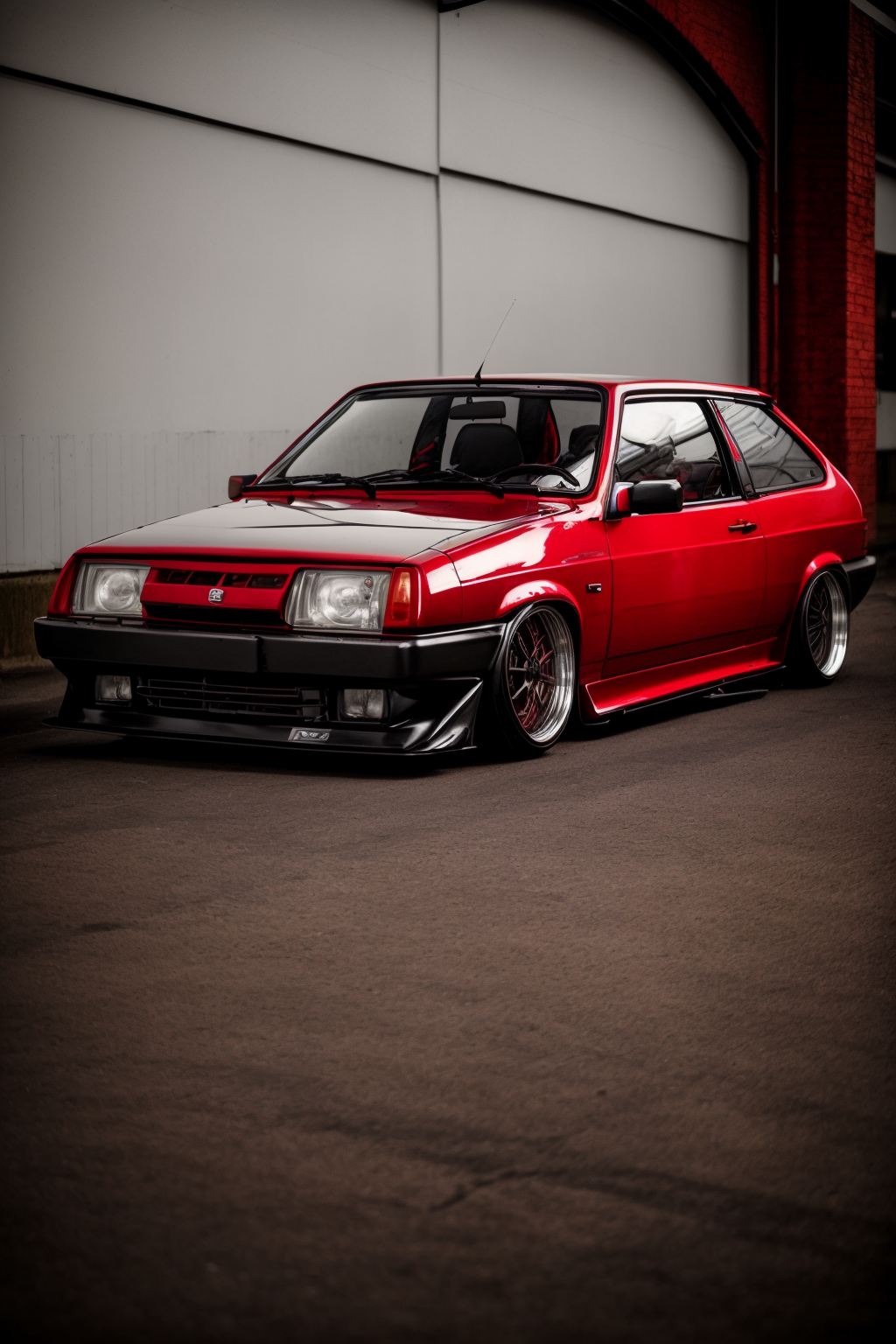 a red vaz 2108 car on lowered suspension with silver work r14 rims parked in a dark garage, silver rims, white rims, bagged, stance, custom fender, wide body kit, with (retro stripe vinyls:1.2) on its sides, speedhunters, dslr photo, 35mm photo, low contrast, muted colors <lora:vaz_2108:0.7>