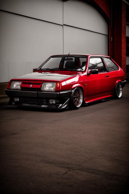 a red vaz 2108 car on lowered suspension with silver work r14 rims parked in a dark garage, silver rims, white rims, bagged, stance, custom fender, wide body kit, with (retro stripe vinyls:1.2) on its sides, speedhunters, dslr photo, 35mm photo, low contrast, muted colors <lora:vaz_2108:0.7>