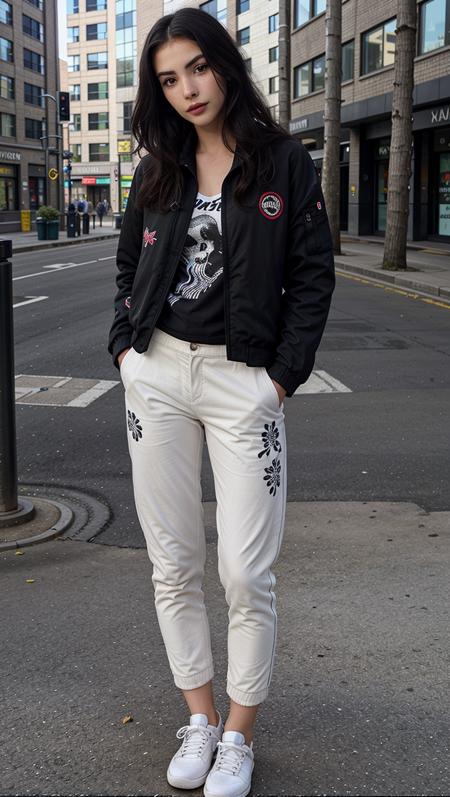 1girl, andrebotez, ((black jacket)), design print tshirt, pants, footwear, long sleeves, full body, outdoors, street, road, city, (looking at the camera),