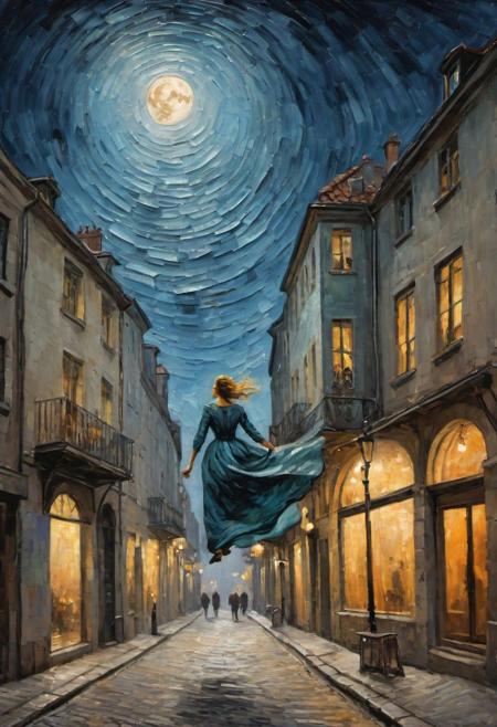 impressionist painting by Van Gogh, very rough painting with visible paint strokes, (dynamic_angle), view from below,
woman with flowing skirts flying between buildings, levitating, clothes like midnight full of stars, Night light, sharp shadows, moon lit, 
looking out over city, European city landscape, old winding roads, dystopian city, crowds of people, 
standing high above stret, illustration,
