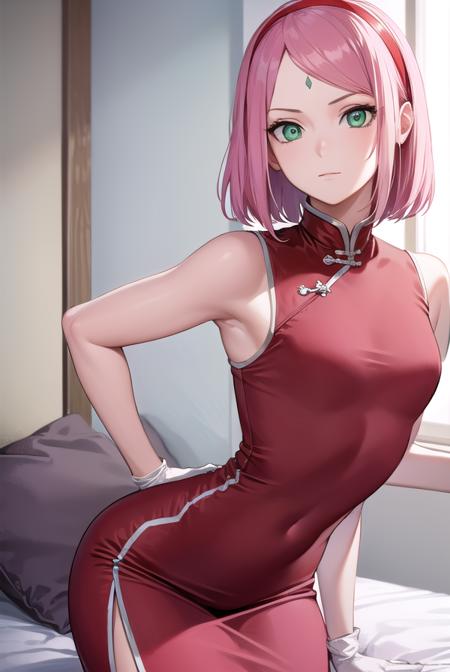 sakuraharuno, <lyco:sakuraharunov2-lyco-nochekaiser:1>,
sakura haruno, short hair, bangs, (green eyes:1.5), pink hair, hairband, facial mark, (forehead mark:1.2), red hairband, (swept bangs:1.5), (small breast:1.2),
BREAK chinese clothes, dress, (red dress:1.3), short skirt, black shorts, gloves, black gloves, sleeveless,
BREAK looking at viewer,
BREAK indoors, bed,
BREAK <lyco:GoodHands-beta2:1>, (masterpiece:1.2), best quality, high resolution, unity 8k wallpaper, (illustration:0.8), (beautiful detailed eyes:1.6), extremely detailed face, perfect lighting, extremely detailed CG, (perfect hands, perfect anatomy),