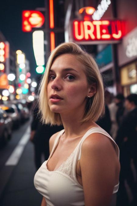 1 girl, (30 years old slim girl with verty short blonde hair),(beautiful face,exquisite face,skin texture:1.2), white shirt, upper body portrait, (ultra-wide angle:1.3), from front, watching away, pale skin, (masterpiece,best quality,ultra high res:1.2),(photo-realistic:1.3),tokyo street at night, rim lightinig, dimly lit, kodak portra 160 analig film, faded, neon signs