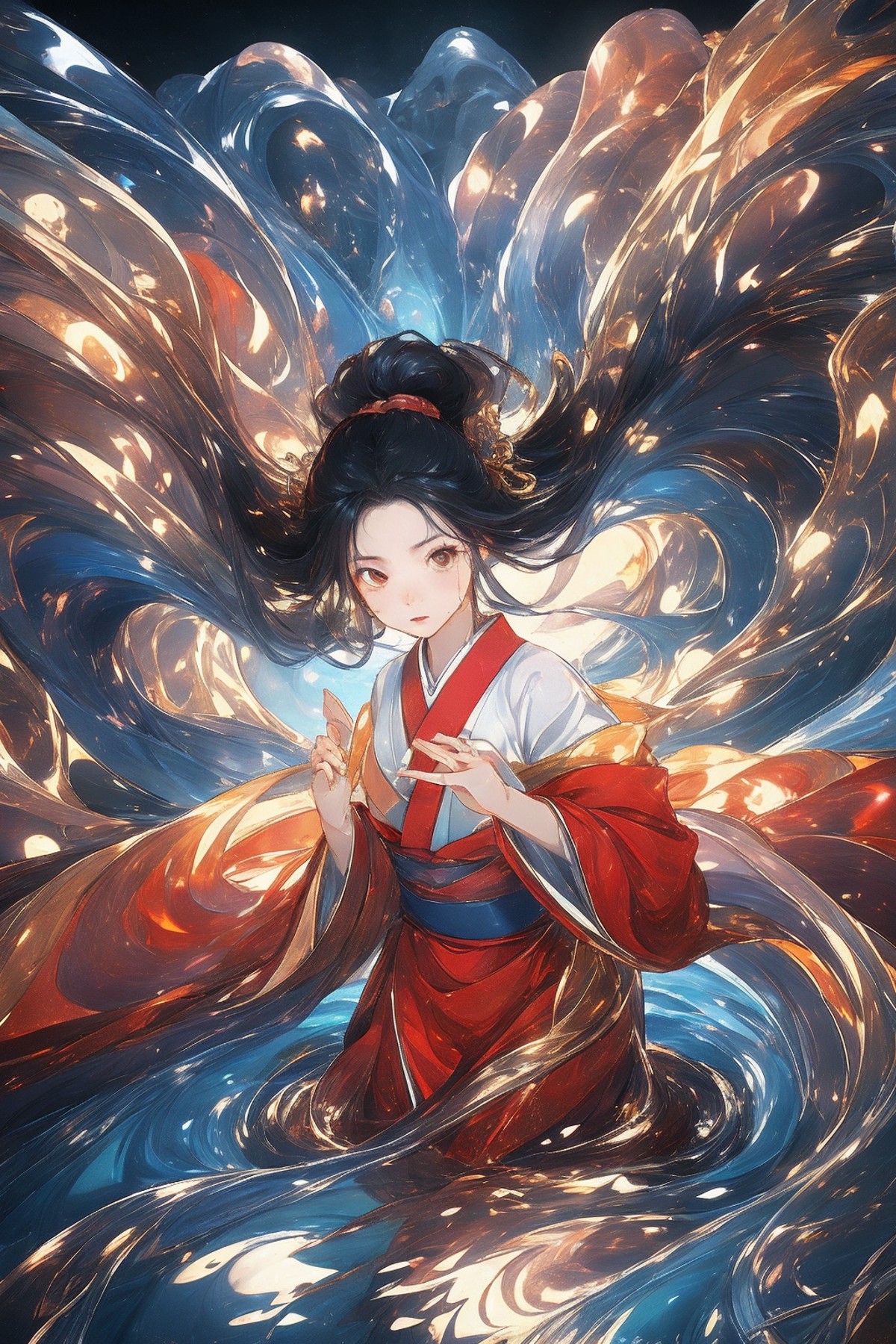 a girl, black hair, red clothes, hanfu, robe, (treading water:1.5), water, goldfish, water flow,fantastic coloured glaze