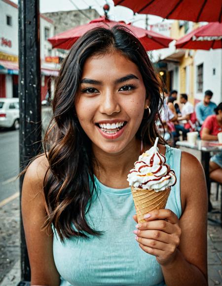 photograph chica Peruana comiendo un Helado, ultra realista, 20 años de edad, con una cara alegre y sonriente, 50mm . cinematic 4k epic detailed 4k epic detailed photograph shot on kodak detailed cinematic hbo dark moody, 35mm photo, grainy, vignette, vintage, Kodachrome, Lomography, stained, highly detailed, found footage, chica Peruana comiendo un Helado, ultra realista, 20 años de edad, con una cara alegre y sonriente, surreal, sharp focus, highly detailed, lucid futuristic, intricate, epic composition, magical atmosphere, cinematic color, very inspirational, perfect light, ambient background, professional, winning, dynamic, beautiful