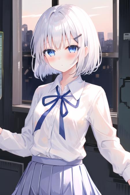 yuanyizhezhi, 1girl, hair ornament, blue eyes, solo, school uniform, hairclip, looking at viewer, long sleeves, indoors, white shirt, pleated skirt, neck ribbon, blush, collared shirt, silver hair, short hair, blue skirt, bangs,  white background, upper body,  <lora:yuanyi-000010:0.6>