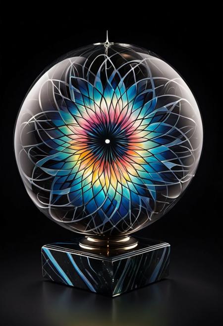 brightly colored candy land, the celestial bloom: a delicate, hand blown glass sculpture adorned with intricate, swirling patterns that evoke the aurora borealis. the piece stands approximately 12 inches tall, its base a sturdy, weighted cube of richly polished black marble. from this foundation, the sculpture rises like a wispy tendril of starlight, the glass petals unfolding like a flower in bloom. each petal is carefully crafted to resemble a tiny, iridescent moon, with subtle ridges and valleys that refract light into a kaleidoscope of colors. as the eye follows the curves of the bloom, it becomes apparent that each petal is slightly asymmetrical, as if it has been delicately pushed aside by an invisible breeze. this gives the piece a sense of gentle movement, as if it might unfurl further at any moment. the overall effect is one of ethereal beauty, as if the celestial bloom has been plucked from the very fabric of the night sky and placed upon a pedestal for our admiration. when lit from within, the bloom glows with a soft, lunar luminescence that seems almost otherworldly, making it a true masterpiece of glasswork artistry., vector art inspired by cyril rolando, behance, candy land, candyland