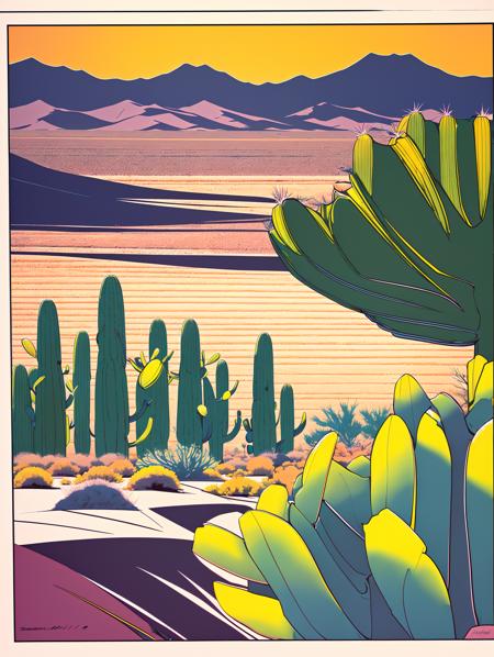 art by patrick nagel <lyco:diffusiondesign_Nagel_LoCon_1.13:1.0>, portrait of beautiful southwestern desert vista, saguaro cactus in foreground, 1980s, featured on pixiv, best quality, ultra detailed, high quality, film grain, award winning,  masterpiece, sunset, buttes