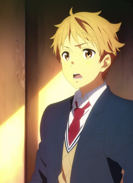 kyoukai no kanata <lora:kyoukai_no_kanata_offset:1>, masterpiece, best quality, 1boy, male focus, solo, necktie, school uniform, blonde hair, brown eyes, open mouth, red necktie, upper body, jacket, blazer, shirt