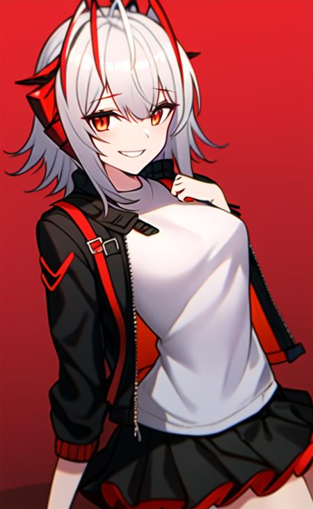 w (arknights), 1girl, ahoge, antennae, horns,  arm up, black gloves, black jacket, black skirt, fingerless gloves, gloves, grin, horns, jacket, medium hair, looking at viewer, medium breasts, miniskirt, open clothes, open jacket, red eyes, red background, red nails, shirt, short sleeves, gradient background,  skirt, smile, streaked hair, white hair, white shirt, (hand on own chest:1.1), <lora:W:1>