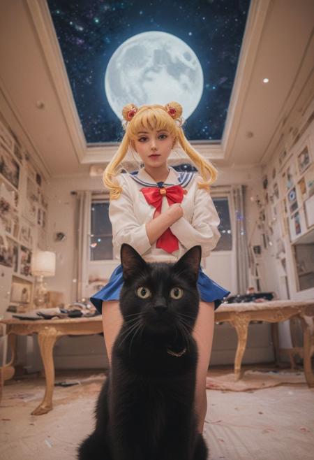 ((1Man Usagi Tsukino (Serena / Sailor Moon) with Luna the black cat !)) 
Perfect photograph, strong fisheye-lens photograph (intense fisheye-view photograph), strong bokeh, cinematic photograph, experimental angles, experimental lighting, intricately detailed, very detailed background, realisticvision-negative-embedding, epiCRealism