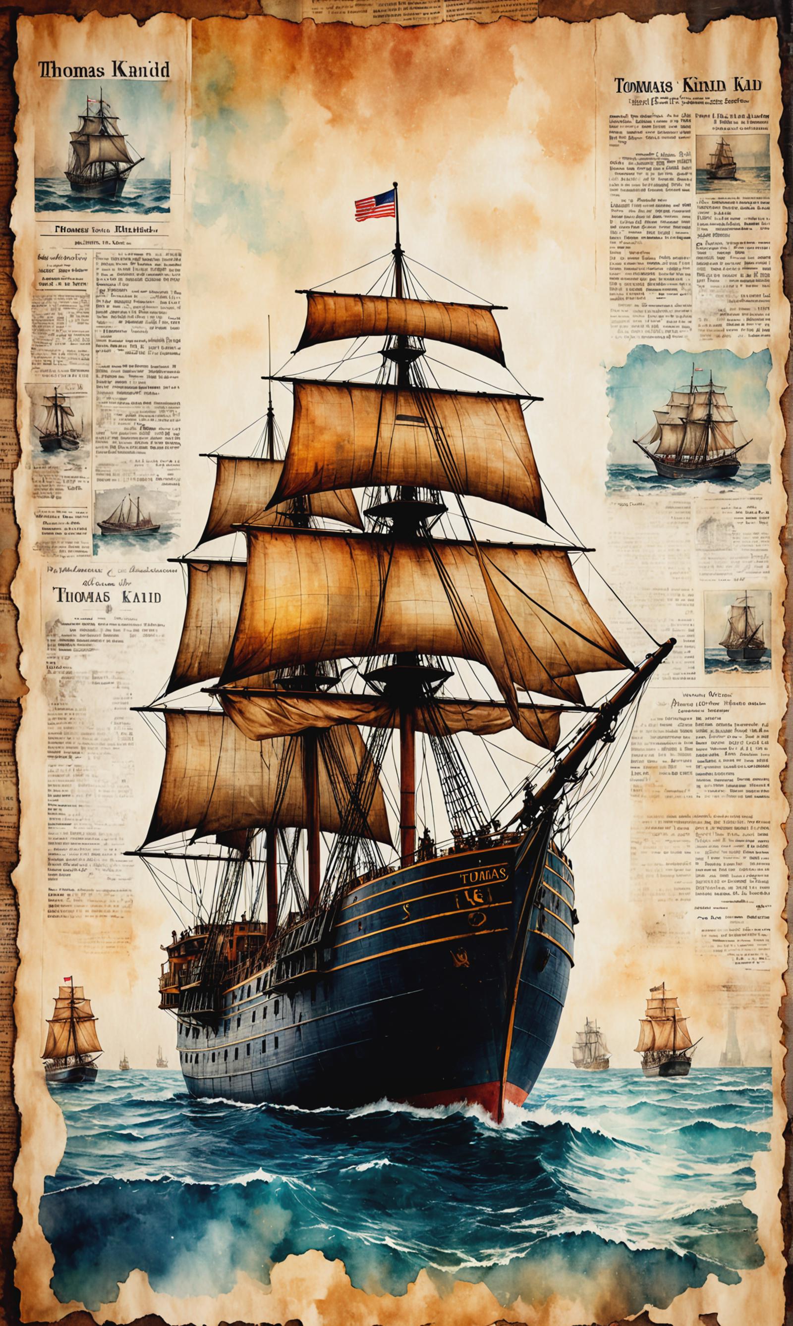 A large, four-masted sailing ship is prominently featured in an old newspaper, with the wind blowing the sails. The ship is the main focus of the image, with a few smaller boats visible in the background. The ship's sails are spread out, showcasing its size and the power of the wind. The image is a combination of a painting and a newspaper illustration, giving it a unique and vintage appearance.