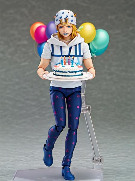 ((hand holding plate)), perfect hands, fullbody, ((perfect quality)) photo, johnnyjojo, blonde hair, hat, portrait photo, blue lips, 4k, pixel <lora:johnnyJoestarLora_v4:1.3>  vivid colors, figma, figurine <lora:figmaAnimeFigures_figma:0.9> birthday balloons, birthday cake