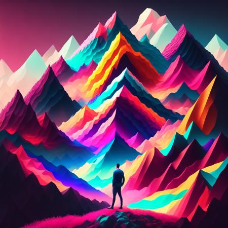 (neonpeaks style:1) a man standing in front of a colorful mountain <lora:djzNeonPeaksV21_LoraBooth:1>