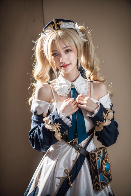 best quality, masterpiece, photorealistic, 1girl, solo, standing, cowboy shot, looking at viewer, smile, closed mouth, barbara cosplay costume, cosplay, blonde hair, hair between eyes, twintails, dress, long sleeves, hat, detached collar, waist bag, simple background, <lora:genshin_Barbara_cosplay_v1:0.6>