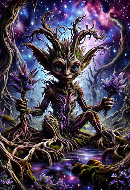 Ever Growing Connections, vibrant colors, vivid colors, Goblin made out of morph-treeroots, in a swamp, holding sprigs of lavender, large eyes, big ears,  sharp teeth,  dramatic, galaxy fantasy colors, Masterpiece, best quality, amazing quality, volumetric lighting, SFW, exquisite detail, digital art, highly detailed, beautiful, surreal,