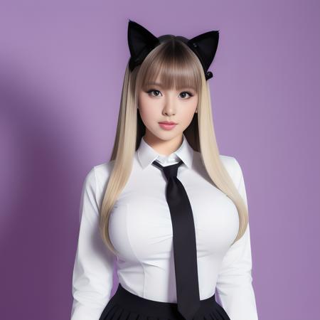 RAW photo, high quality, highres, absurdres, school uniform, busty, upper body, big breasts, very long hair, small waist, black miniskirt, white shirt, realistic, buttons, collared_shirt, pink bowtie, black simple background, looking at viewer, cat ears, cat tail, cat girl, depth of field, solo focus, full body, blonde hair, arms up,