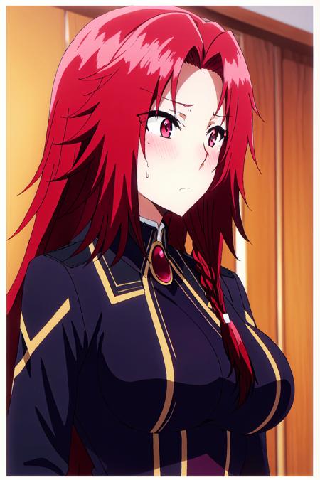 iris, 1girl,  red hair,  solo,  red eyes,  long hair,  blush,  braid,  breasts,  black border,  sweatdrop,  upper body,  large breasts,  long sleeves
high quality, best quality, ultra detailed, masterpiece, bare shoulders, <lora:EMS-55604-EMS:0.800000>