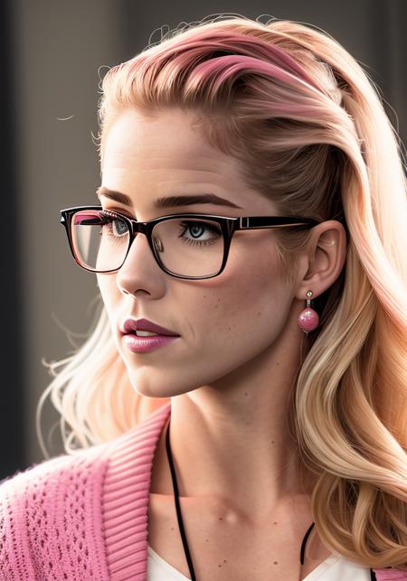 photo of a woman (FelicitySmoak:0.99) wearing glasses, wearing a pink cardigan, with a white tank top, with a pearls, high detail, high quality , highly detailed skin, realistic face, (grey eyes:1.1), leica 50mm