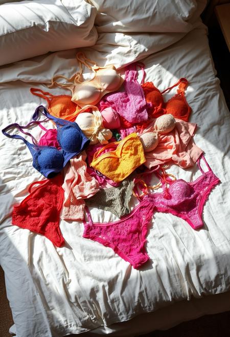A side view of a bed with a disordered pile of colorful women's lace lingerie casually thrown onto the surface. The bed is unmade, with soft, crumpled sheets beneath the lingerie, adding to the relaxed, natural look of the scene. Various pieces, including bras, panties, and thongs, are visible, each in different colors, creating a vibrant mix of shades and intricate lace patterns. The soft, natural lighting casts gentle shadows across the bed, highlighting the diversity of colors and the delicate textures of the fabrics. The overall atmosphere is intimate, with a playful and visually rich composition.