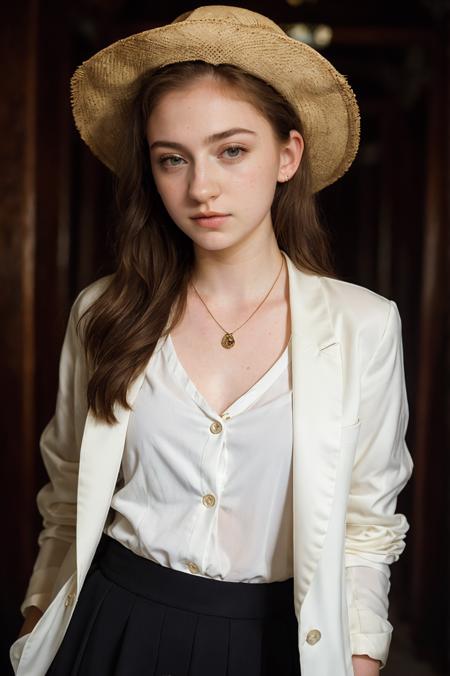 (closeup) Portrait of pretty young (18-year-old) pale milky white skin Caucasian (futurasienna5000v5) ((Seductive gaze towards the camera, holding a hat.:1.07)), (flat chest:1.15), outdoor, BREAK (brunette Regal half-up, half-down style: A combination of an updo and loose flowing hair, creating a regal and feminine look.), no makeup, long dainty necklace, ((elegant, classy, (white oversized blazer) and Pale yellow button-up blouse with skirt)) , <lora:epi_noiseoffset2:1> BREAK (magazine cover:1.10), BREAK (masterpiece, extremely detailed skin, photorealistic, heavy shadow, dramatic and cinematic lighting, key light, fill light), sharp focus, BREAK location is (outdoor Mount Everest, Nepal and Tibet),  <lora:ClothingAdjuster3:-0.4>