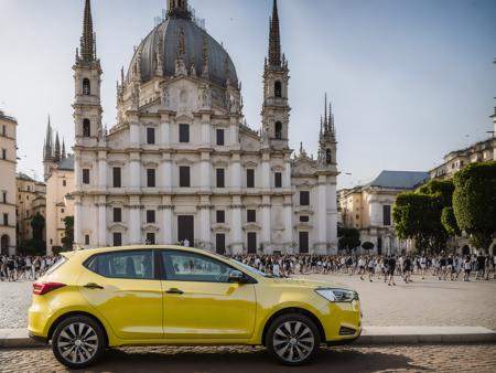 an yellow pearl evo parked in front of a baroque duomo with japanese nuclear  atomic missiles installed on top and with some big marble Saint's busts rulling in the plaza in a sunny summer daylight <lora:evo_car_D-adaptation-LoRA_SD21-768_v044-000010:0.7>