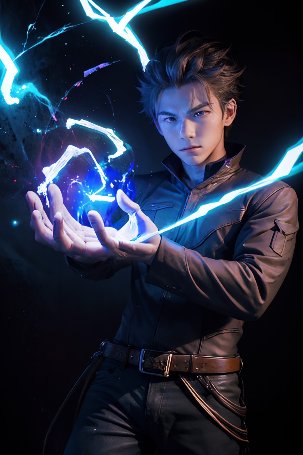 <lora:lightning_v1:0.4>,1boy,cowboy shot,blue electricity,blue aura,blue lightning,condense energy in his hands,