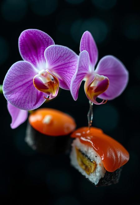 180 degre rotation of photo: [Syzygy*Saudade*Joie_de_Vivre*Satori*Eudaimonia*Lagniappe*Meraki*Yūgen {{{Une orchidée cybernetic depressive  mange des sushis vivants au miel bleu turquoise, black bokeh background}}},Intense romance, ardent passion, fervent affection, deep sentiment, emotional connection, sensual chemistry, erotic attraction, tender attachment, profound commitment, warm intimacy. ]