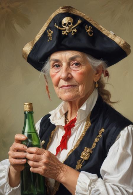 Grandma Pirate, Female golf player, Masterpiece Painted in the Style of Anders Zorn | Marco Mazzoni | Yuri Ivanovich, oil on canvas, pirate hat, driver club in hand, Marsky background, champagne bottle in hand, azkal,