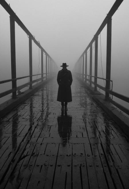 This is a black-and-white photograph featuring a solitary figure standing in the center of a misty, deserted bridge. The figure is dressed in a long, dark trench coat that extends to the ground, and a wide-brimmed hat that casts a shadow over the face, obscuring it. The person is wearing dark gloves and shoes, contributing to the overall mysterious and enigmatic atmosphere. The bridge, which is likely an old, metal structure, has multiple vertical cables and a series of evenly spaced lamps on either side, their lights casting a soft glow into the mist. The ground beneath the figure is wet and reflective, with puddles and a metal grate visible at the feet. The background is hazy, with the mist blending with the distant lights, creating a dreamlike, surreal effect. The texture of the photograph is smooth and grainy, enhancing the timeless, almost noir feel of the image. The overall composition and lighting suggest a dramatic, almost cinematic scene, evoking themes of mystery, suspense, and isolation., <lora:add-detail-xl:1.5>, ultra quality, ultra detailed