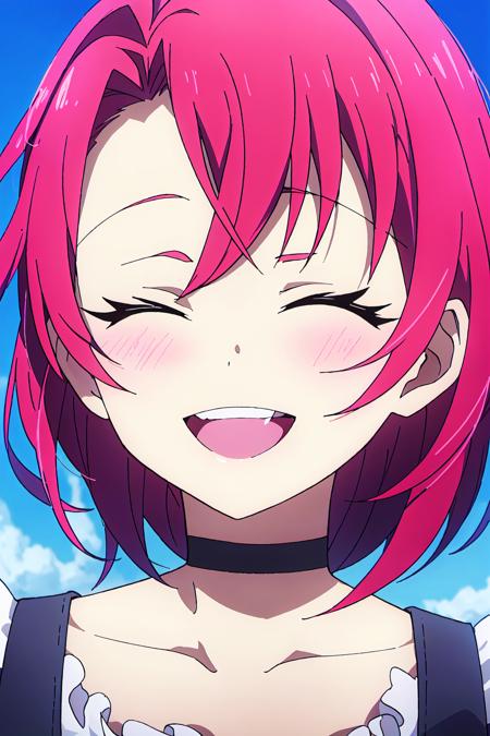 Cow Girl, 1girl,  solo,  closed eyes,  red hair,  smile,  choker,  open mouth,  short hair,  blush,  portrait,  collarbone, black choker,  sky
high quality, best quality, ultra detailed, masterpiece, <lora:EMS-59220-EMS:0.700000>